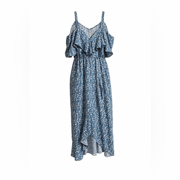 BloomChic Dresses & Skirts - Blue Floral Cold Shoulder Midi Dress Ruffle V Neck High Low Boho Summer